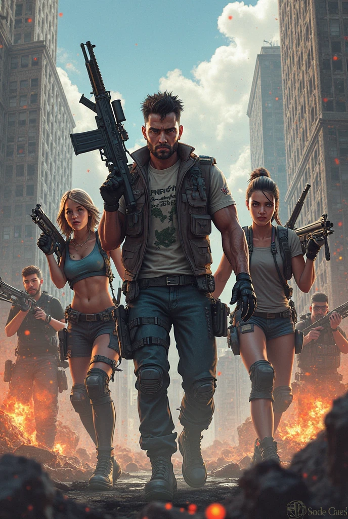in the center man without a shirt ,with ripped denim shorts with blue eyes a spiral on them holding an ak47 and next to him a red-haired woman with a bandage on her cheek wearing a camouflage tank top and black pants holding a bazooka, a bass with glasses and short blue hair holding a sniper rifle with a white tank top and short shorts, and a black man holding a bayonet