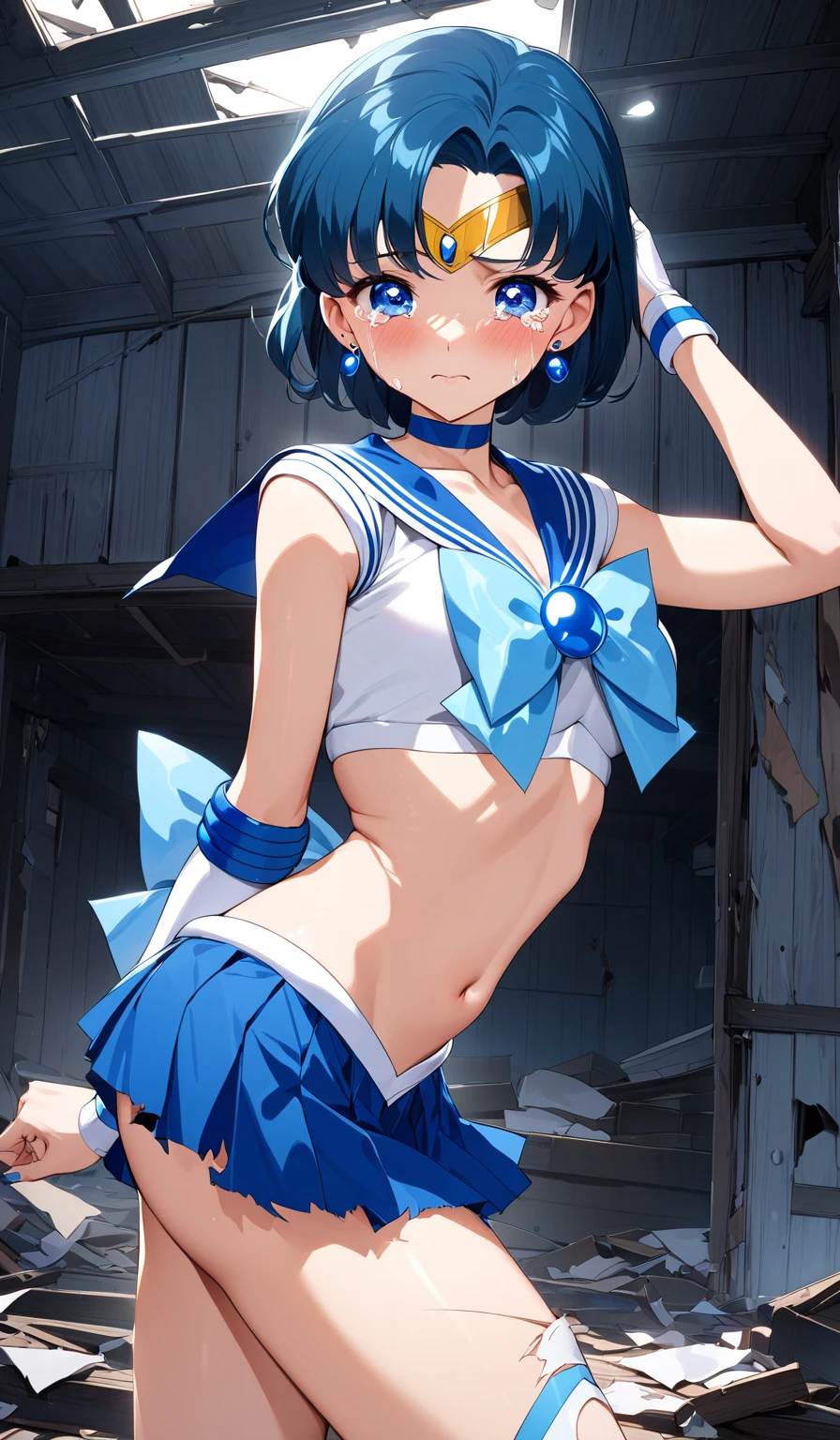 masutepiece, Best Quality, 1girl in, (Sailor Mercury),lightblue hair, (black eyes:1.2),((Upper body naked))、((bontage))、((embarassed expression))、((fullmoon))、((Photo from below))、(((thigh high boots)))、((Short Hair Hair))、((Black Long Gloves))、((open one's legs))、((Black panties))、((tiarra))、((teats))