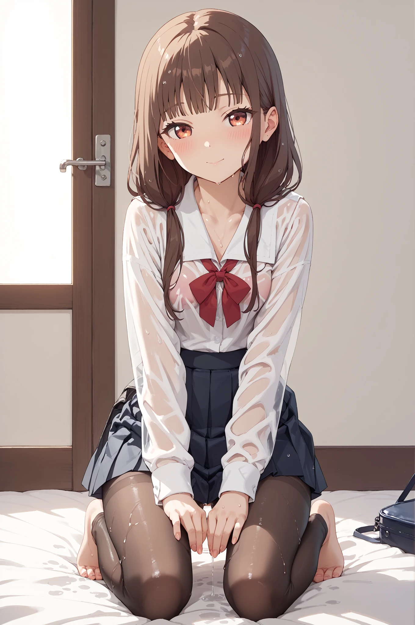 master piece、Highest image quality、highest quality、 ((panic))、glossy hair quality、small face、sitting、Super detailed and beautiful bright eyes、Super detailed clear and beautiful face、(cute illustration:1.2), High-resolution, ultra-detailed, best quality, embarrassed、(Gaps in shorts)、(cute underwear)