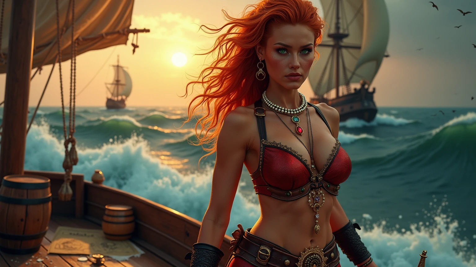 A cute girl in a red bikini, extremely detailed eyes, beautiful detailed lips, long eyelashes, treasure map tattoo on her back and butt, pirates, intricate tattoo details, photorealistic, 8k, highly detailed, cinematic lighting, dramatic colors, fantasy, adventure, dramatic composition