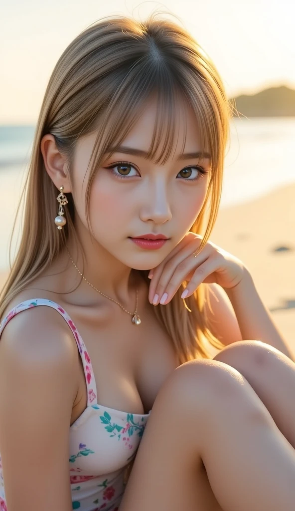 ((Highest quality, 8K, masterpiece :1.3)), Sharp focus :1.2, Beautiful woman with perfect figure :1.4, Slim Abs :1.2, ((Big Breasts, Accentuate your cleavage:1.3)), (PhotoRealistic:1.4), (Realistic:1.4), Highly detailed face and skin texture, fine grain, double eyelid. Makeup Face. A little bit of lipstick, necklace, Earrings, Sex Appeal, Sexy fiery pose, ((Woman in white summer dress、She laughs with friends at a beach cafe、She is smiling happily and posing for a sexy photobook.。.。Beautiful straight blonde hair。:1.3)