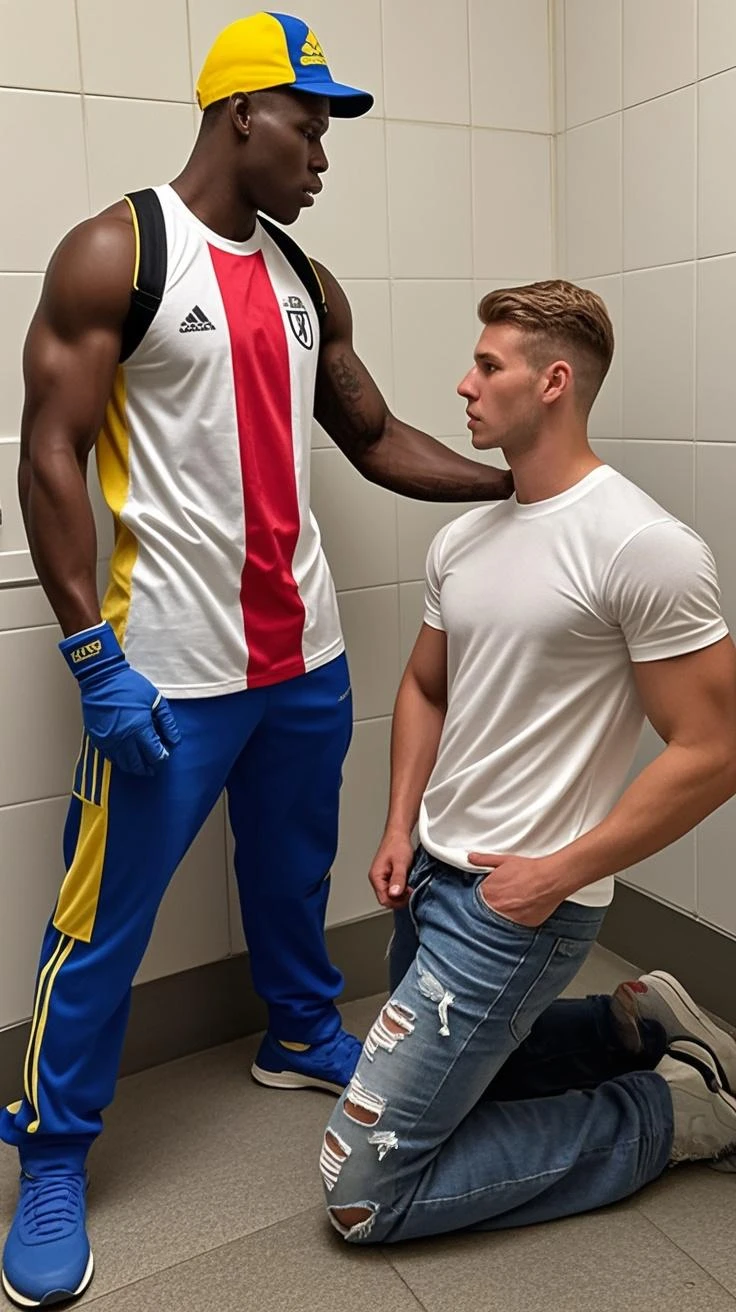 A character of a muscular cock, with a football player outfit, with black and white vertical stripes, and boots.