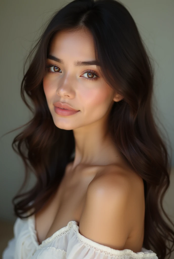 Realistic portrait of a beautiful 1 girl with Latin features, Lightly tanned white skin with a beautiful tan tone, Brown eyes, long dark hair. delicate facial features, Thin and thin lips with realistic texture, beautiful girl model body. regular well formed tits, detailed facial features. ultra realism, maximum resolution, masterpiece. extremely detailed skin, professional photography. white background in professional studio, Professional lighting that highlights the details, pores and skin textures.