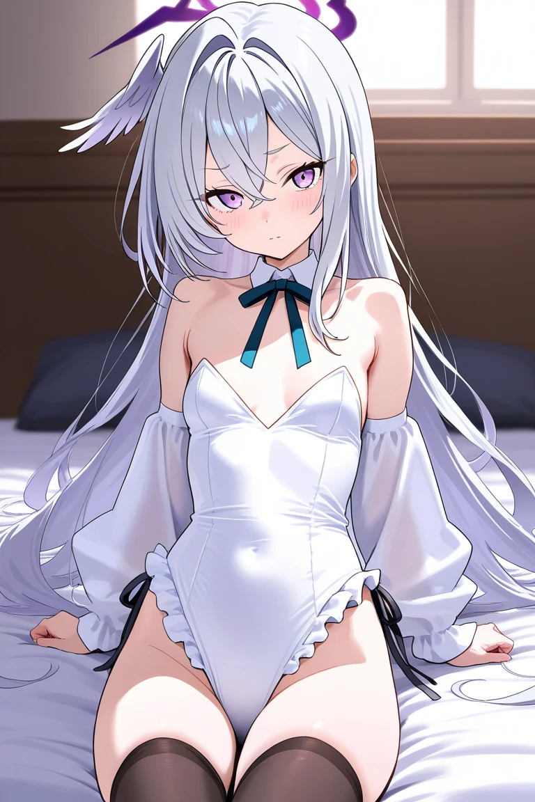 1 girl, underwear, White hair, thigh, White_underwear,, long_hair, Chest, White pajamas,Unbutton your pajamas,Open income,navel,Bare belly,Close your eyes,Close your eyes, exist_quit, In the bedroom, Hindquarters, Bangs, , blush,Lying on exist bed,White,,White,Full body female,Open your arms