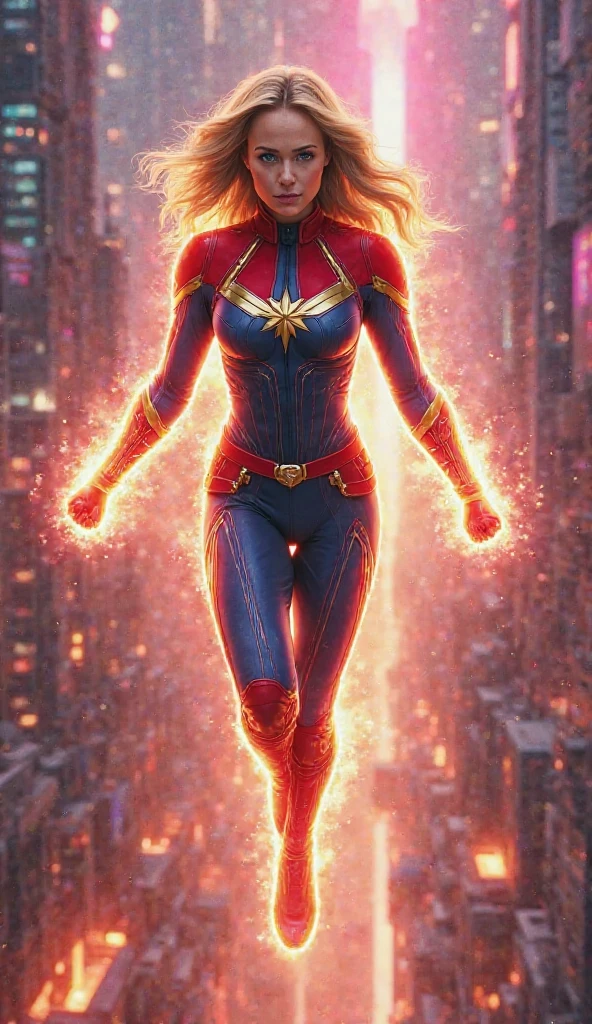 A woman superhero with tousled hair, flirtatious smile, strange powers, powerful superhero suit, dynamic model pose, full body shot, digital art, 8k, hyperrealistic, high contrast, dramatic lighting, vibrant colors, cinematic composition, volumetric lighting, photorealistic, intricate details, chiaroscuro, moody atmosphere, cinematic angle, dramatic shadows, mesmerizing expression