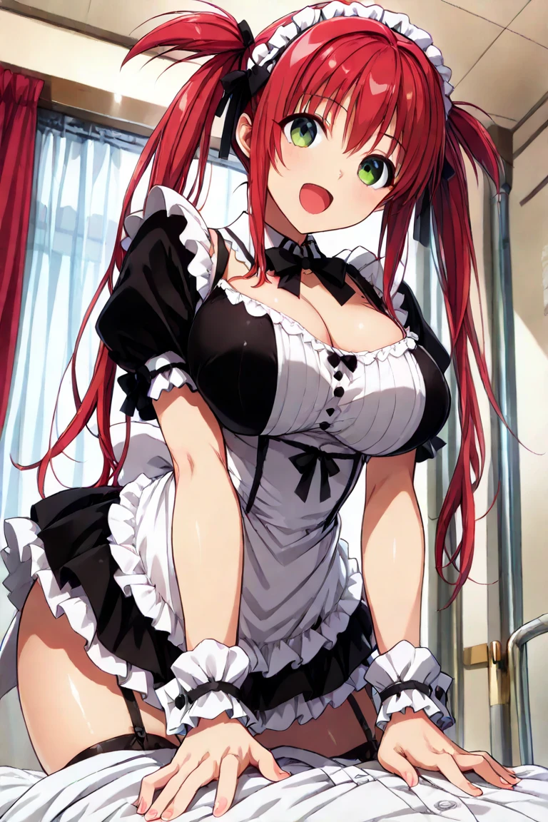 masutepiece, Best Quality, Airlib 4, 1girl in, Solo, blush, thighs thighs thighs thighs, black thighhighs, Apron, zettai ryouiki, maid, Maid headdress,Naughty big、large full breasts、cleavage、Wrist cuffs, (Perfect hands, Perfect Anatomy)、(white panties:1.3)、(Fully exposed panties:1.5)、A smile、Sit with your knees bent、Eight-headed body、beauty legs 、As if looking up from below、(knees to chest),