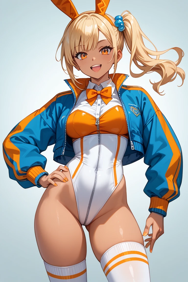 an anime girl in a sexy costume poses next to a race track, 1girl, braid, blue eyes, outdoors, blonde hair, long hair, breasts, solo, cherry blossoms, looking at viewer, day, smile, hat, covered navel, long sleeves, bangs, bodysuit, cowboy shot, petals, blue sky