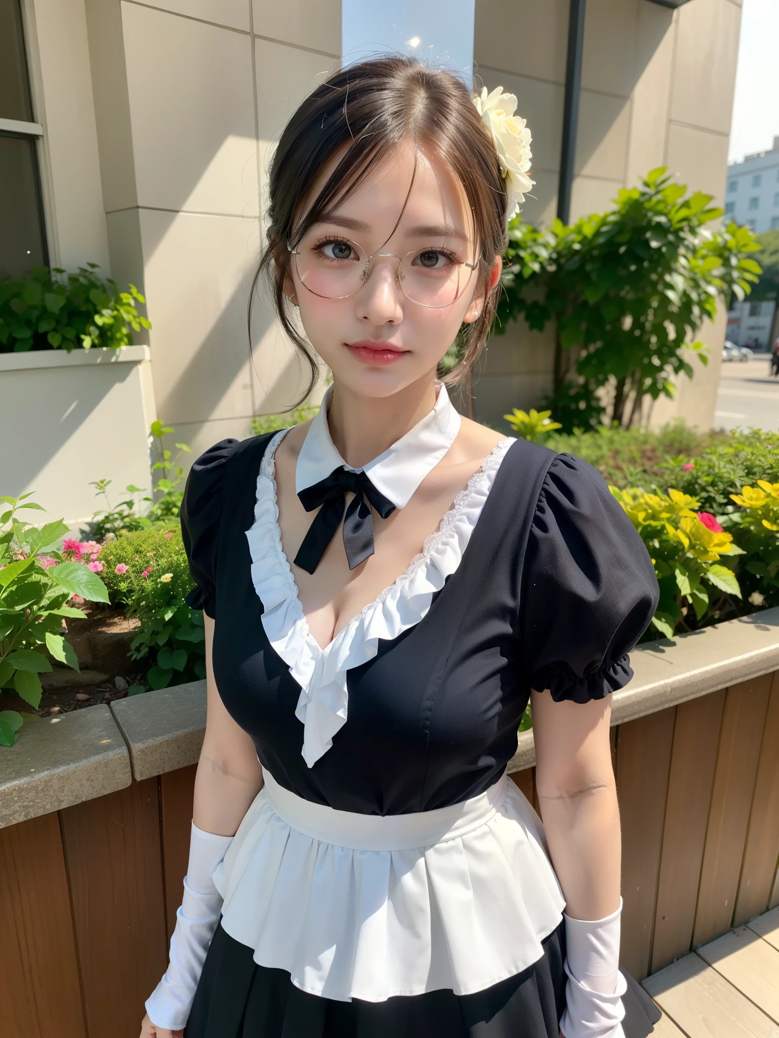 promo photo, Restaurants by the sea.,1 girl, -yeld fa waitresses, Red-headed twin-tailed, Gentle face, Gothic Lolita half costume and maid costume and strawberry image, Clothes based on white,