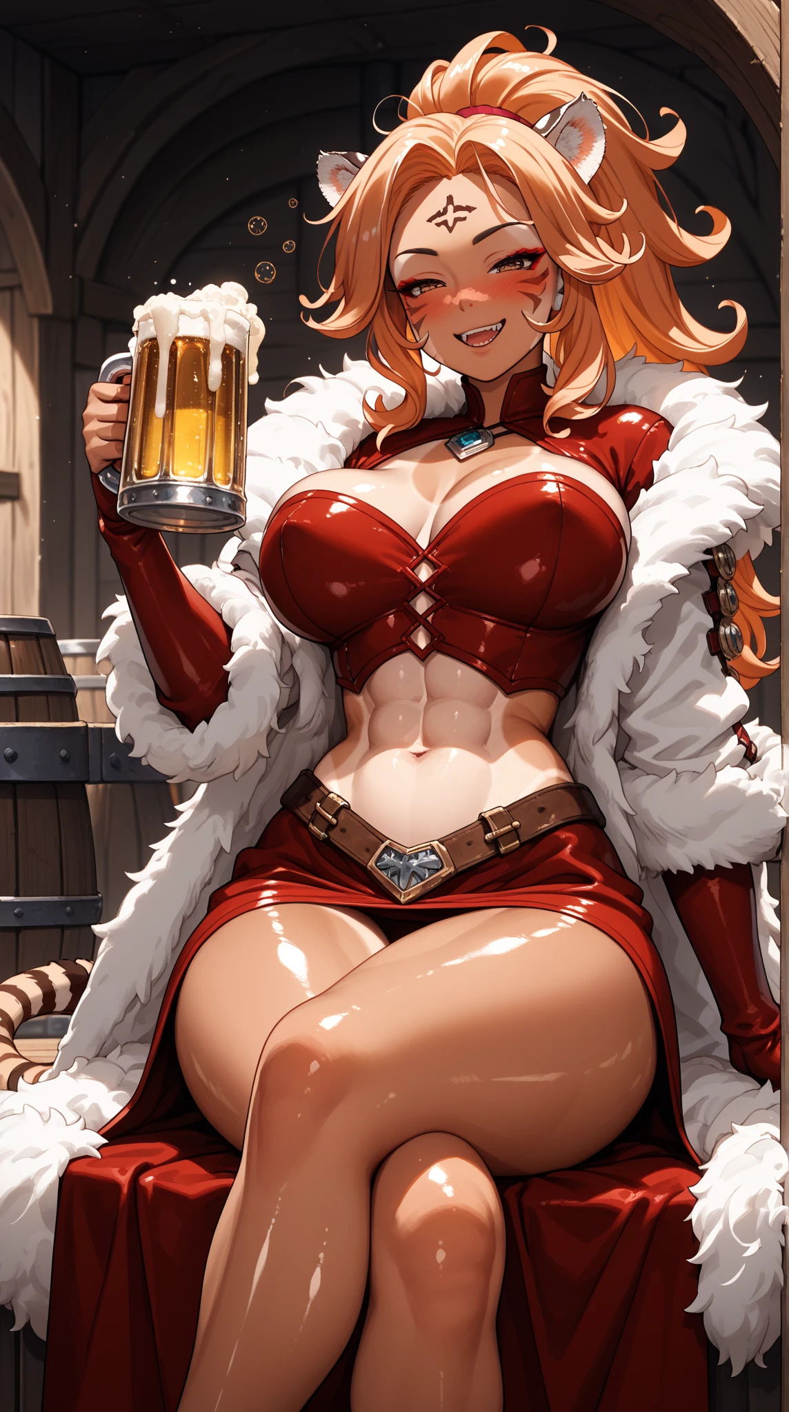 best quality, 8k, woman,straight red hair, bangs,beautiful,big eyelashes, little smile, looking to observer, cleavage,rabbit ears tiara,green militar camouflage leotard over beige bodystocking, holding one beer mug, florish rose forest scenario
