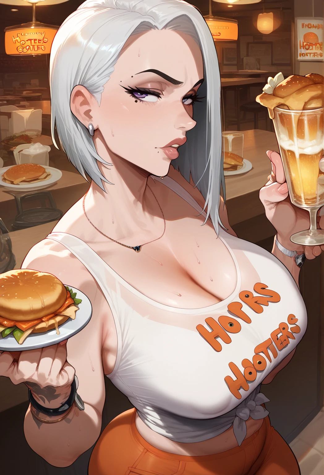 uploaded e621, score_9, score_8_up, score_7_up, score_6_up, score_5_up, score_4_up, rating_safe, smooth, source_furry, {realistic}, Milfs, a one woman, breasts big, gigantic breastss, Breasts huge, Mature female, heavy breasts, short hair, silver-haired, light-skinned female, orange eyes, big-ass, Curvilinear waist, breasts resting on the table, with chin resting on hand, shoulders resting on the table, , Looking at Viewer, bra edges on sweater, sensual cleavage, Holding a bra of your own, full breasts, breasts larger than the head, mature face, curvy female, thick-thighs, voluptuous female, full body shot shot, black belt, delicate gloves, bra strap appearing, soft tits, female focus, Mom's breasts, mommy,  being one, charming countenance, Imposing female, high waisted jeans, Short shirt, teasing with your breasts, sitting at a restaurant table, a date, First-person view, in front of the suitor, Silly smile, hearts over the head, plates with food on the table, candle lighting, in an elegant restaurant, glass of wine on the side, sitting in front of the viewer