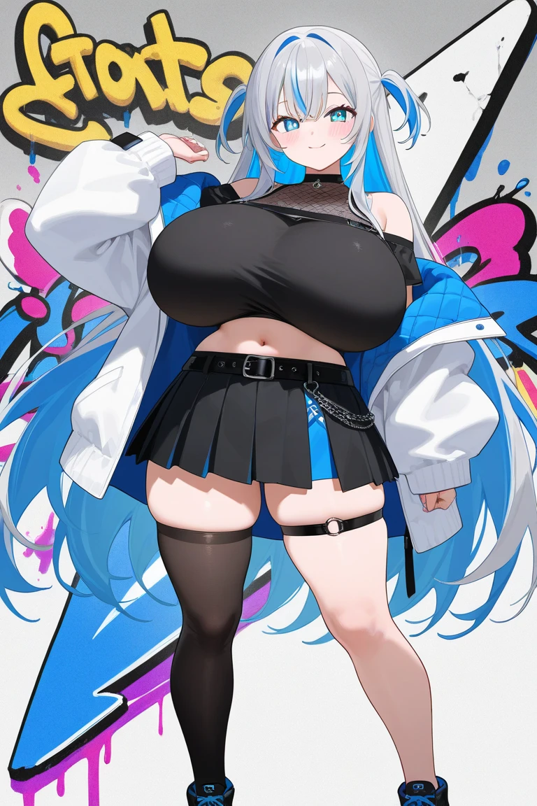 ​masterpiece, top-quality, Highly detailed, masutepiece, 女の子 1 人, ((Lori)), Chiquita, red eyes are sparkling。, Happy expression, (Cobalt blue hair half up。), (((Her long dark brown pantyhose reach her navel.。))), Cute legs, (((The innerwear is a high neck body stocking that only covers the chest.。))), ((Phetcha Pai)), ((Puffy nipple)), (Denim shorts with beautiful creases), cool half boot rack choker,  design dark blue beret, (The jacket is rolled up。), brown long gloves,