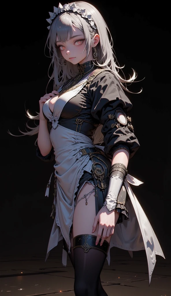realisitic, 1 girl, White hair, purples eyes, glare eyes, top cut, overskirt, parted lips, blush, natta, flowers, sollight, levantar overskirt, lift top