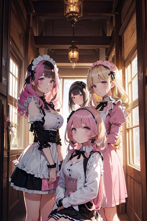 ((masterpiece)), (((best quality))), ((ultra-detailed)), ((illustration)), anime girl with pink hair and blue dress sitting on the floor, a digital rendering by Kamagurka, pixiv, auto-destructive art, anime girl in a maid costume, gorgeous maid, from the azur lane videogame, maid outfit, rem rezero, maid, splash art anime loli, atelier lulua, fine details. girls frontline, maid dress