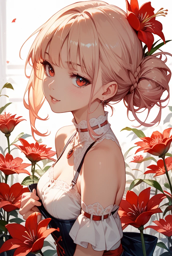 (masterpiece:1.2, best quality), 1milf, open clothes, (red flowers:1.3), short straight hair, blonde hair, red eyes, mature, big tits, sexy, upper body, closeup face, red lips, tube top, press breast, shoot from above, closeup face, nsfw, cocktail dress
