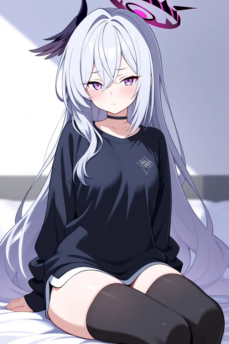 best quality, highly detailed, masterpiece, ultra-detailed, white_sweater, solo, long_hair,grey_background, 1girl, ahoge, looking_at_viewer,dress,sitting <lora:elaina_v2:0.95>