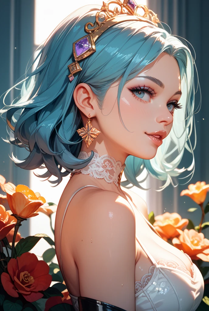 (masterpiece), (best quality), (very detailed),(disheveled hair),(illustration), (1 woman), (fashionable clothing), standing, fashion model, looking at viewer, (interview), (simple background),beautiful and delicate eyes, delicate and beautiful face, floating,(highly saturated),(colorful splashes),Colorful bubbles,(shining), focus on face,  ponytail, kamisato ayaka, light blue hair, forehead, Hair ring, floating flower, floating hair, (shining), best lighting, best shadow,