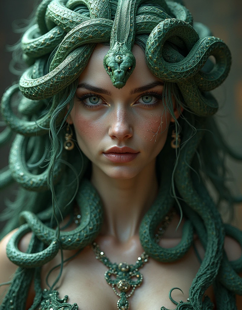 Medusa, ((best quality)), ((masterpiece)), ((realistic)), full body, the hair is composed of countless small snakes, ((green eyes)), female face, metal carved top, royal aura, trend on artstation , sharp focus, studio photo, intricate detail, very detailed, detailed eye, illustration, very detailed, sharp focus, digital render, professional, 4k, full body