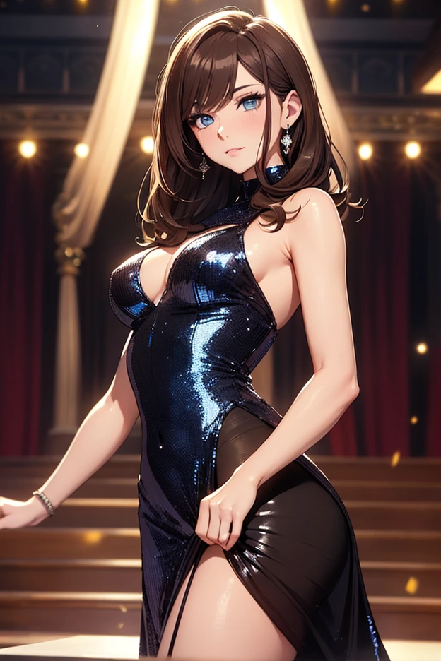 (High resolution) (Detailed illustrations) Very detailed, Blue Eye Color, Fine grain like glass, Detailed face, Asuka Kogawa, Hime Hair, Straight bangs, Long Hair, Redhead, Teen, Teenager, visible muscles, An athletic body, Thick arms, Opera Gloves, Long gloves, Thigh-high stockings, Skin indentations in stockings, Indented skin in stockings, Dimpled skin on gloves, tits, Huge breasts, Elegant Dresses, formal dress, Costume, Formal Event, Dancing, Elegant gown, Cleavage, jewelry, Detailed dress, hyper-Detailed dress, Ballroom, Ballroom dress, Cocktail Dresses, Sequins, Shiny Dress,