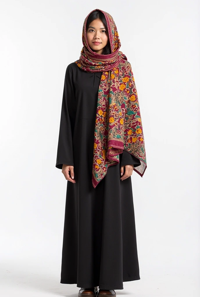 An artistic pastel blue-themed photo of a woman in a hijab, black color hijab, red dress with long flowery cardigan, standing amidst a field of tall, golden grass. The scene is bathed in warm, soft sunlight, with the blue sky overhead creating a harmonious and tranquil contrast.