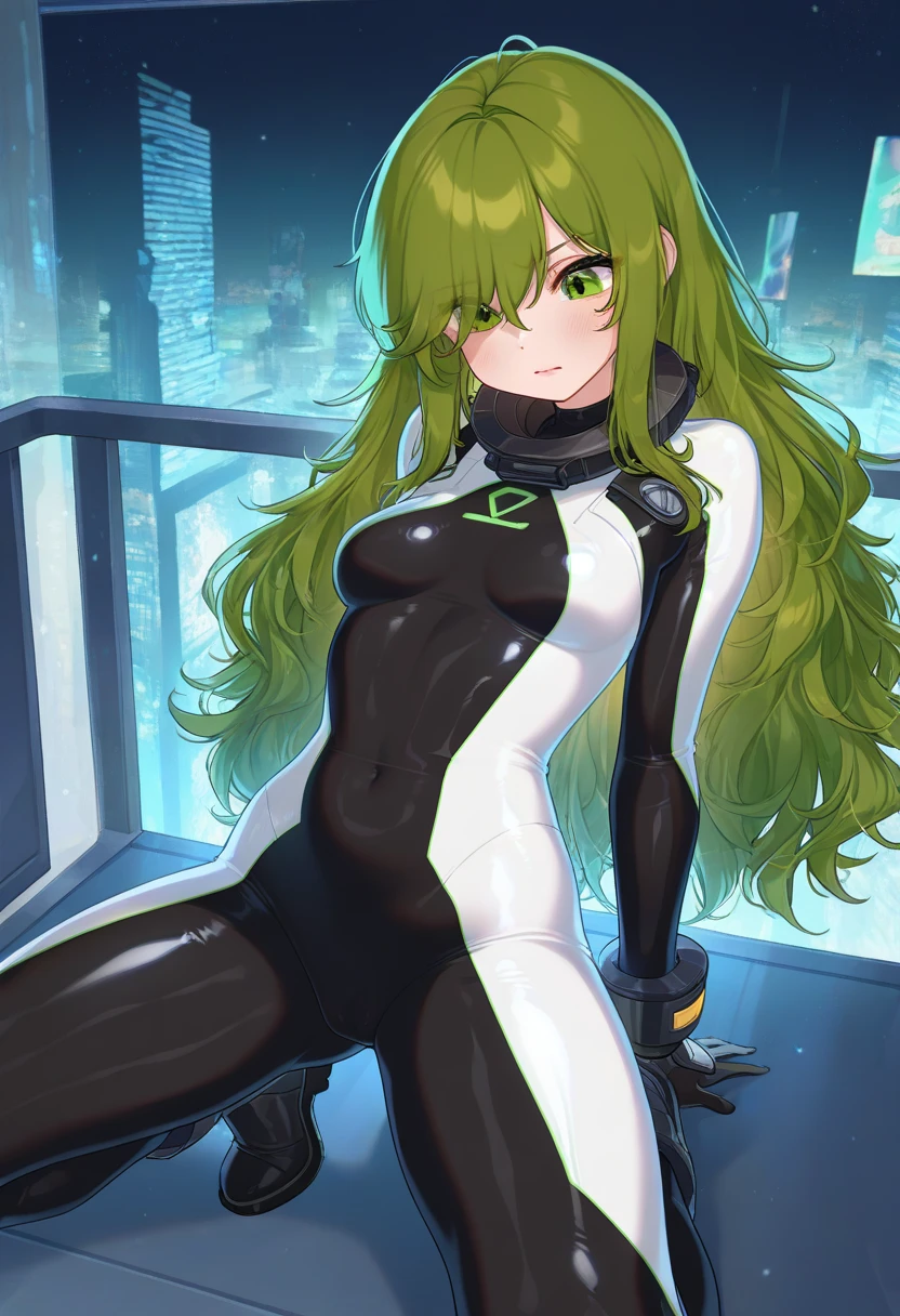 Highest quality, Highest quality, High quality illustrations, masterpiece, Ultra-high resolution, Detailed Background, room, Absurd, Perfect Anatomy, performance, Good lighting, Shadows in the movies(kemono, Furry Personifi猫ion), bird, Rubber Suit, latex, neon, neonライト, neonカラー, Bodysuits, Cyber Suit, cyber punk, Green Rubber Hoodie, Sit on the sofa, Earrings, Tattoo, Huge bulge, Dynamic Angle