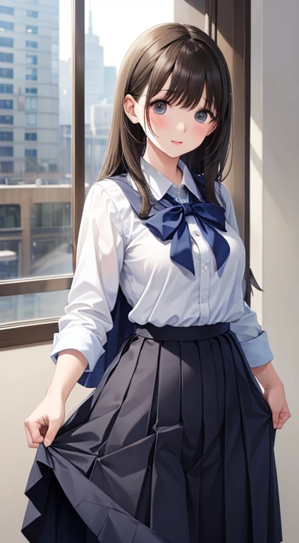Anime girl in uniform standing on stairs with hands on her head, Anime visuals of cute girls, beautiful anime high school girl, Official art, nagatoro, official artwork, a hyperrealistic schoolgirl, marin kitagawa fanart, Hinata Hyuga, young anime girl, Smooth Anime CG Art, Anime Best Girl, an anime girl, (((low angle shot from below)))、(((Detailed lace panty pattern)))、plain white ordinary panties、(((Lifting skirt while standing to show off panties to camera)))、Beautiful earrings、Bracelets、a necklace、(((pantyhose)))、Beautiful eyes with double eyelids、(pale skin), (Big eyes)、Face forward, ((Half body shot)), ((Dark blue salaryman uniform、Light blue bow tie ribbon))、(A dark-haired)、(pantyhose:1.5)、Thin pantyhose to very thin fabric panties、opened breast, Hcup bust with slim body、Very slim, see through、ultra-detailliert、masterpiece、top-quality、超A high resolution、8K、high-level image quality、Real live-action、Photogenic clarity、A detailed eye、gradients、perfect anatomy body proportions ,hard disk、nffsw , Nikon Z9 80mm Lens 、masutepiece、Model Standing、独奏、Detailed panty patterns、Detailed and clear panty pattern、Very bright natural light、In the crowd、too bright natural light、Sunshine、(((Beautiful alignment and snow-white teeth)))、(((Lift the skirt bigger and bigger、Show your panties to the camera)))、(masuter piece、extremely details CG、Unity、8K Wallpapers)、(extremely delicate and beautiful)、(masterpiece)、(top-quality:1.0)、(超A high resolution:1.0)、beautiful lighting、perfect lightning bolt、realistic shadow、Detailed skin、ultra-detailliert、detailed faces and eyes、Realistic eyes、Sharp pupils、(From below:1.4)、Colossal tits、cowboy shot, Inside the classroom、Schools、Evening glow、beauitful face、blurry backround、16-year-old beautiful girl、shinny skin、Side Up、Beautiful black hair、half up、Blunt bangs、Red Eye、(She holds her skirt with both hands:1.4)、a sailor suit、Pleated miniskirt、(skirt rift、You can see the pink panties:1.2)、((angry、Surprised、Embarrassed look、Teary-eyed、I'm in a hu