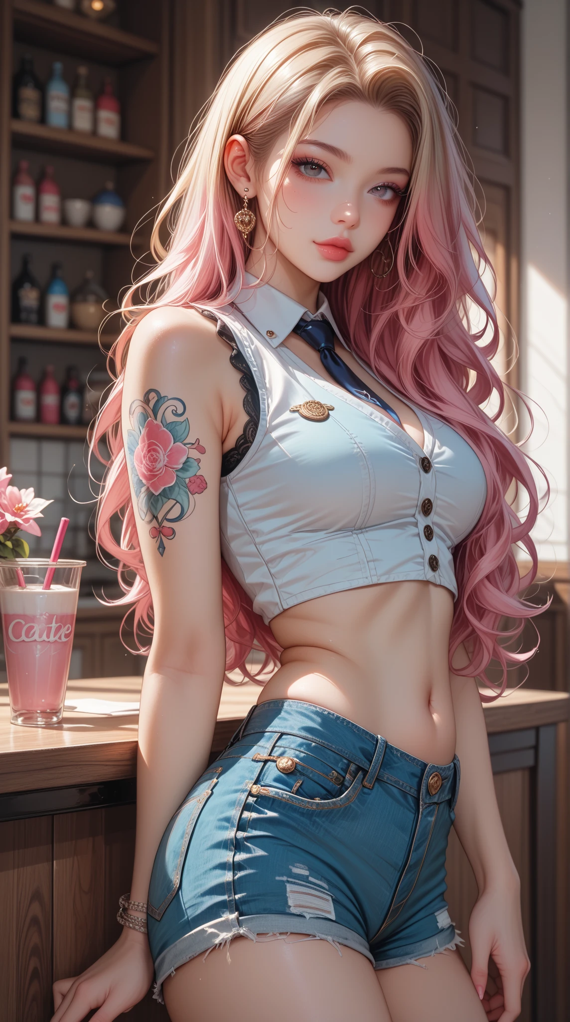 (((1 person:2.0))),(((Cowgirl Costume))),(((Denim mini skirt:1.2))),(((wear a leather belt))),(((Short short sleeves, T-Shirts))),((Put the watch on your wrist))),(((Ultra short boots))),(((Showing cleavage))),(((Exposed thin inner thighs))),(((Small breasts:1.5))),(((Bare arms))),(((Her hair is blonde))),((Navel exposed:1.3)),(((Blushing:1.5))),(((Drunk and having hiccups:1.8))),(Blushed Cheeks:1.5),(Being drunk:1.5),Beautiful detailed girl, Very detailed目と顔, finelyてBeautiful Eyes, Very detailed, High resolution, Highest quality, masterpiece, Very detailed, 8k wallpaper, wonderful, finely, Highest quality, The light shines on your face,(Bar counter at night),Beautiful Eyes,Being drunk,Above the knee shot,Are standing,Beautiful detailed girl, Very detailed目と顔, finelyてBeautiful Eyes, Very detailed, High resolution, Highest quality, masterpiece, Very detailed, 8k wallpaper, wonderful, finely, Highest quality