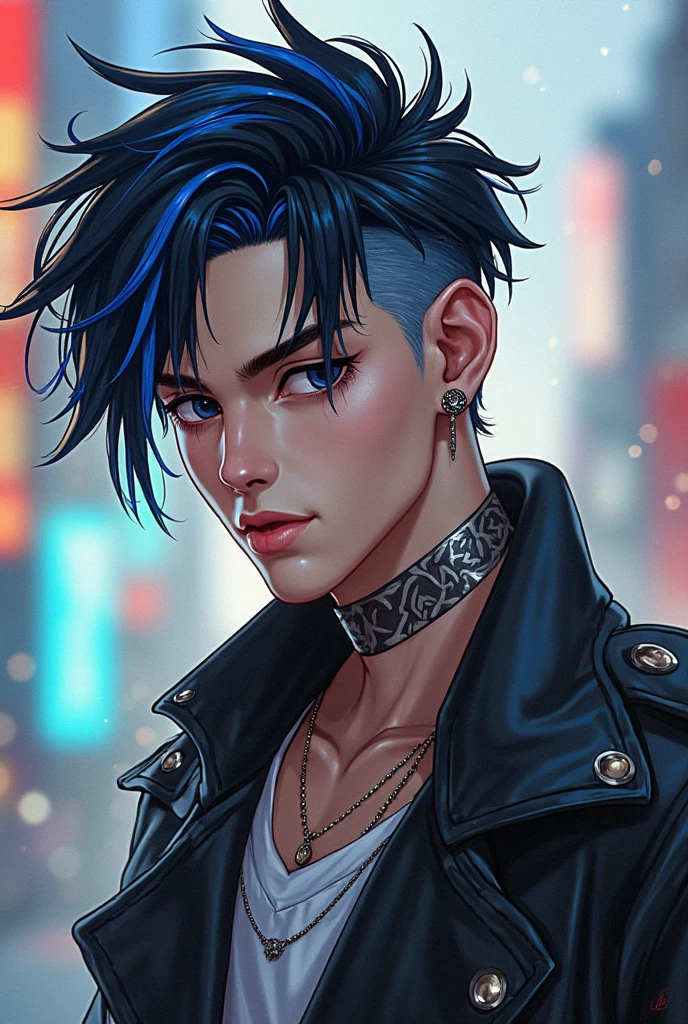 80s punk rock anime boy with midnight blue hair with two long strands in the front, wearing oversized round glasses, wearing black spiked choker, portrait, fangs, 2D, 8k, high resolution