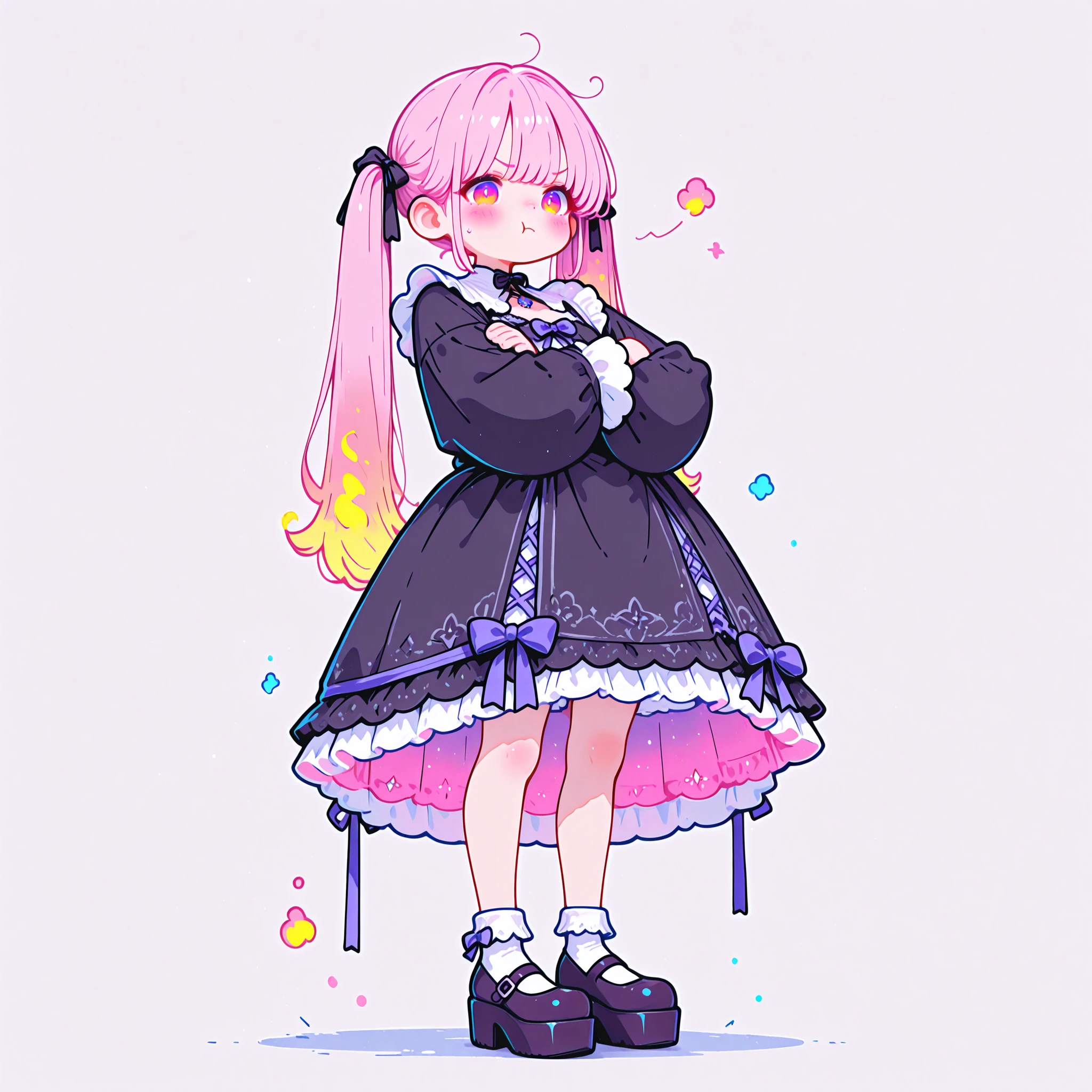 masterpiece, best quality, ultra detailed, high resolution, intricate details, sharp focus, smooth shading, professional lighting, vivid colors, clean lineart, anatomically correct, beautifully detailed eyes, no artifacts, 1girl, full body in frame, simple white background, bright pink pigtails, fiery red eyes, puffed cheeks, sulking expression, arms crossed defiantly, wearing a frilly gothic ta dress, platform mary janes, front view, slightly looking down