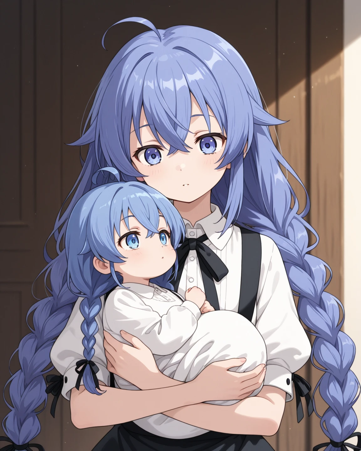 (in hotel, masterpiece, best quality:1.2), 1girl, ((holding baby, hold infant)), waving hair, (estrus, sweet temptation, lingerie), ((white elbow gloves, pattern))