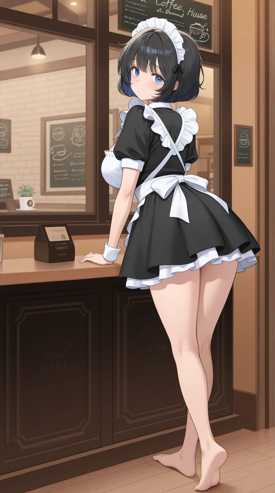 masterpiece, best quality, solo, 1girl, chisato nishikigi, looking at viewer, light smile, closed mouth, blush, embarrassed, medium breasts, playboy bunny, rabbit ears, black pantyhose, red bowtie, wrist cuffs, black leotard, holding tray, cake, cafe, coffee, standing, from behind, nice ass, cafe shop, full body