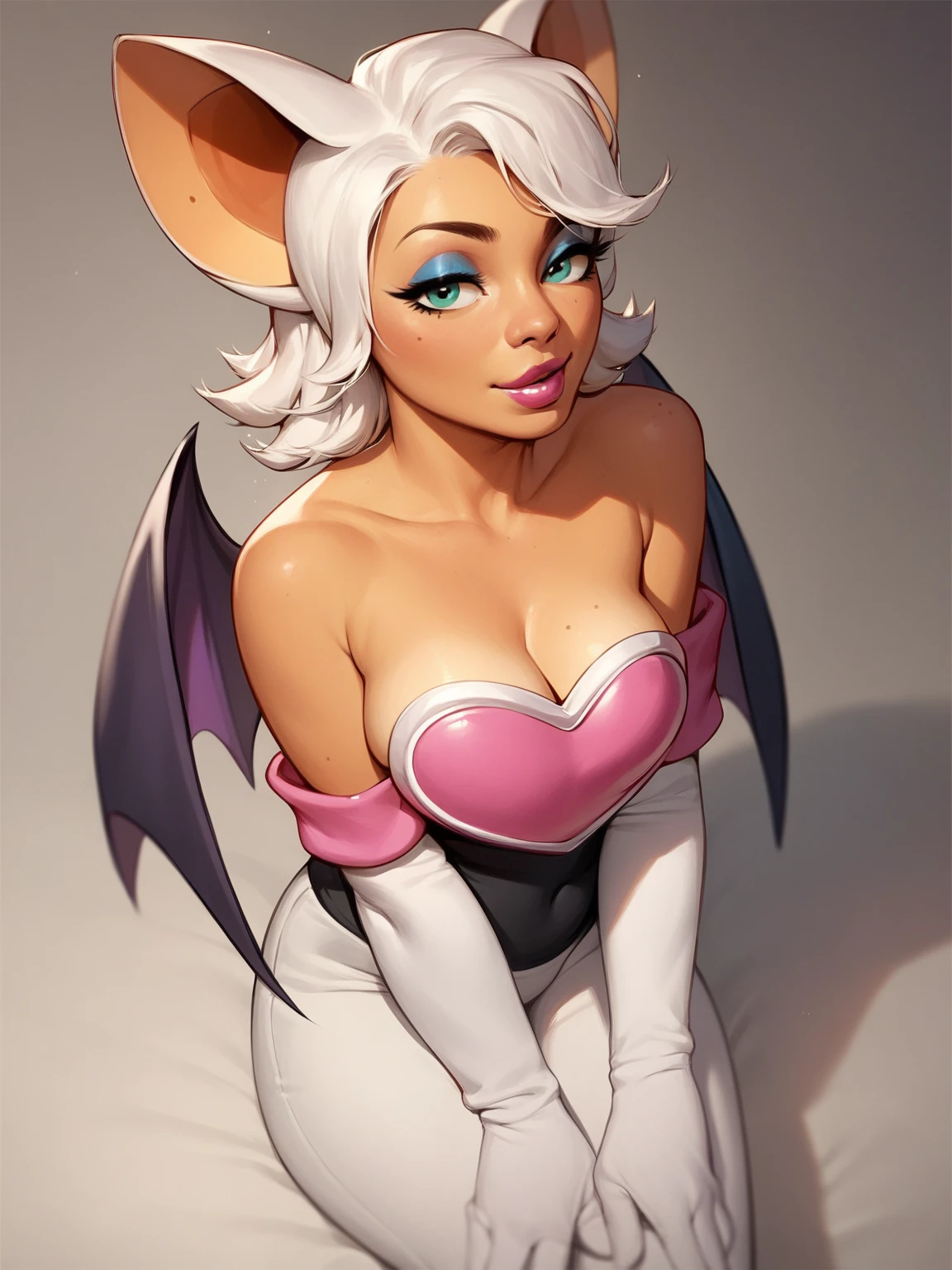 nsfw, camel toe, nipples seen through top, uploaded e621), by Pino Daeni, by Ruan Jia, by Fumiko, by Alayna Lemmer, by Carlo Galli Bibiena, solo female (Rouge the Bat from Sonic:1.3) with (white body:1.3) and ((white chest)) and (short white hair:1.3) and [clear eyes] and (bat wings:1.3) wear ((heart shaped pink pendant)), (blue eye makeup:1.3), ((she has fine breasts)), (full body), [nude], (detailed Rouge the Bat from Sonic), (detailed Chunie lighting), (detailed fur), (detailed breasts), (detailed Iskra skin), (cinematic lighting), [detailed ambient light], [detailed face and eyes], (sitting on a pink heart shaped ottoman), ((looking at viewer)), (front view:1.3), ((focus on front crotch)), [ambient light on chest], [higher body and limbs detail], [higher breasts detail], [higher palms detail], [realistic proportions], [explicted], [sharp focus], [impastoasterpiece)