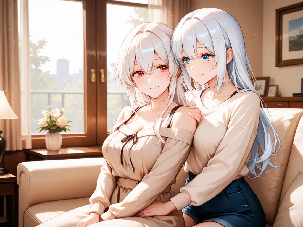 (8K, Highest Quality, Masterpiece:1.3)), Ultra High Resolution, (2 girls, duo), (Color changing eyes, Highly detailed, Expressive glow, Sparkling eyes), Highly detailed eyes, Highly detailed face, Random hair, (Silver-gray color), Hair clip, (Casual clothing:1.2), (Ecstatic expression:1.3), Cleavage, On all fours, Angle from below, Riverbank, Side by side facing the camera, (Dimly lit home, Sunlight through window:1.2)