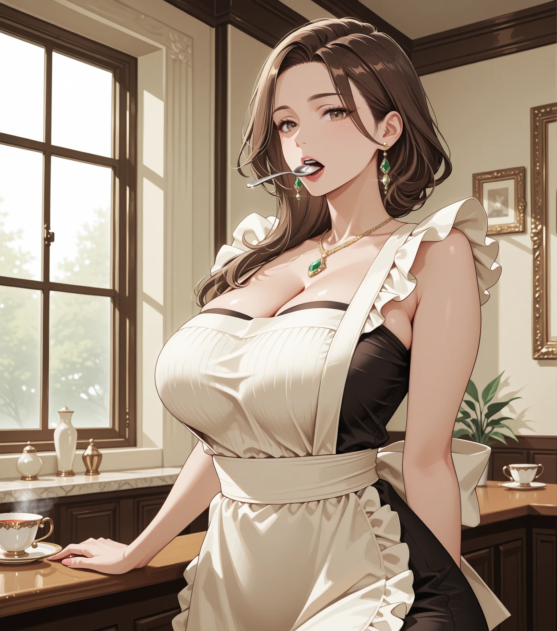Kyouka,milf,(highres, high quality:1.2), brown hair, ponytail,hair bow, ribbon, lipstick, makeup, detailed face, (mole under eye:0.6), brown eyes, jewelry, earrings, green dress, bare shoulders, detached sleeves, bridal gauntlets, long skirt, cleavage, choker, (curvy:1.1), huge breasts,An artistic collage combining elements of a barmaid and a blooming garden. The barmaid is surrounded by flowers as she serves cocktails, and the collage exudes a sense of floral enchantment. (Artistic Collage:1.3), (Blooming Magic:1.4), (Enchanted Barmaid:1.2), (Floral Fantasy:1.3), created by a contemporary collage artist.<lora:Kyouka:0.9>