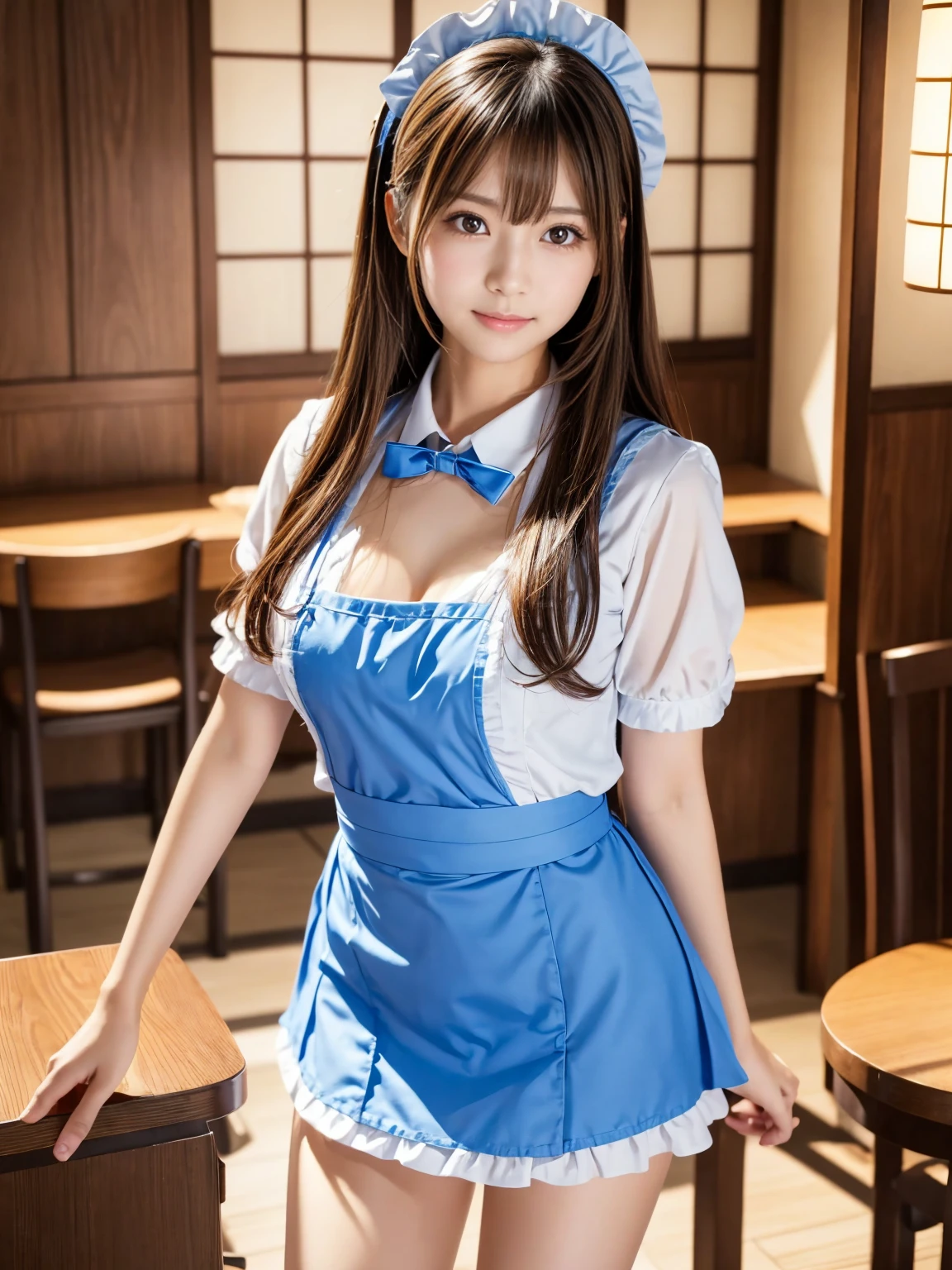 (highres, best quality), Asuka Langley Soryu, Beautiful Mixed Pretty German Babe Face. Beautiful Face, Detailed Beautiful Blue eyes, beautiful body, Sitting in Cafe, (full shot:1.5),(bilaterally symmetrical:1.5), Tokyo Cafe, Auburn Long Twin Tails Hair, red ribbon, Cute Teenager Dress, White socks, sneakers, combine realism and anime influences, crowded cafe, Intense Beautiful Gaze