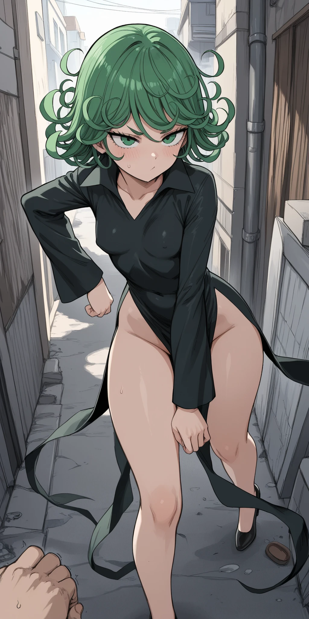 masutepiece, Best Quality, 1girl in, Solo, Standing, Parted legs, Looking to the side, V-shaped eyebrows, Half-closed eyes, embarrassed, frown, biting his lip, blush, Red lips, Red collar, Exposure disorder, Brown coat, Open coat, Naked coat, Open it yourself, flashes, (nude:0.8), puffy niples, Red Thigh Boots, Thigh atmosphere, thigh boot vibrator, Sweat, Juice, outside of house, sailor neptune, aqua eyes, dark green hair, medium hair,