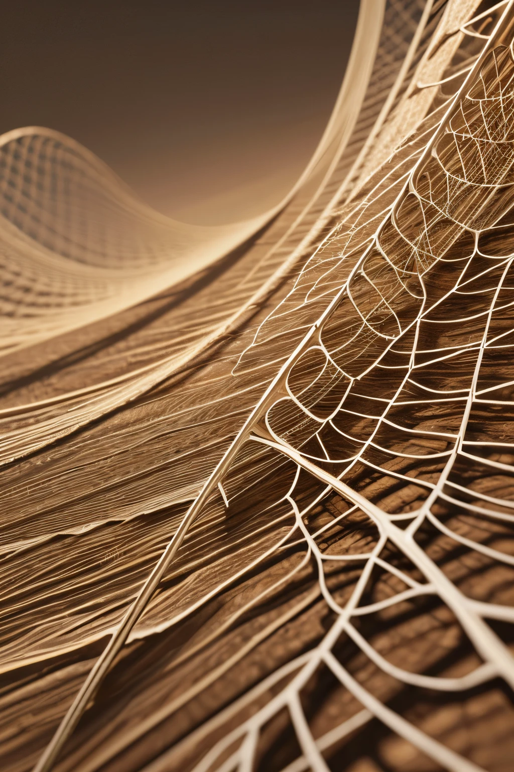 A high-resolution 3D abstract composition inspired by the intricate vein patterns of a dried leaf, featuring delicate, web-like organic lines forming a natural mesh structure. The veins are arranged in flowing, asymmetrical patterns with soft curves and subtle depth. Textured surfaces with realistic lighting create fine shadows and highlights across a beige and earthy-toned background. The overall mood is natural, elegant, and minimalist, with a photorealistic rendering quality. Perfect for premium abstract art, botanical design, eco-friendly visuals, or interior wall art. 300 dpi, 4K resolution, shallow depth of field, ultra clean render