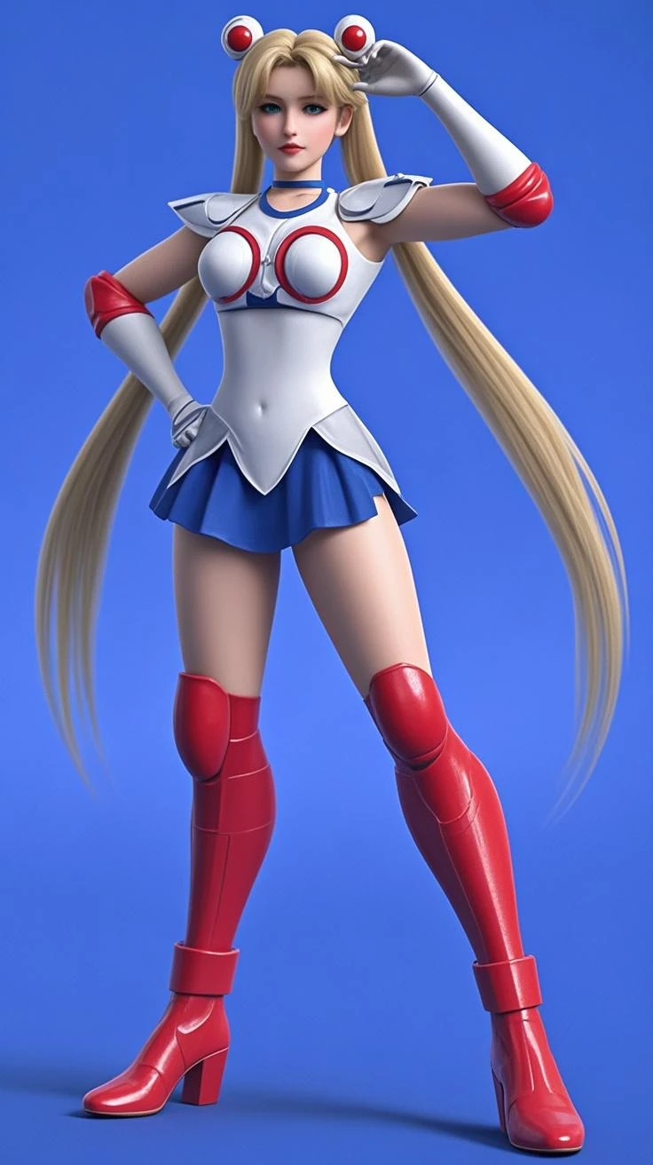 STICKER, (best quality, masterpiece), (solid outline:1.2), Dynamic Lighting, Sailor Moon, simple background, solo women, legs apart, full body portrait, long blonde hair, sailor moon cosplay, wavy hair, detailed face, smirking, medium breasts, model pose, shoes, Cleavage, face view, ass view, white panties, thong, hands behind body, white bra, big breasts