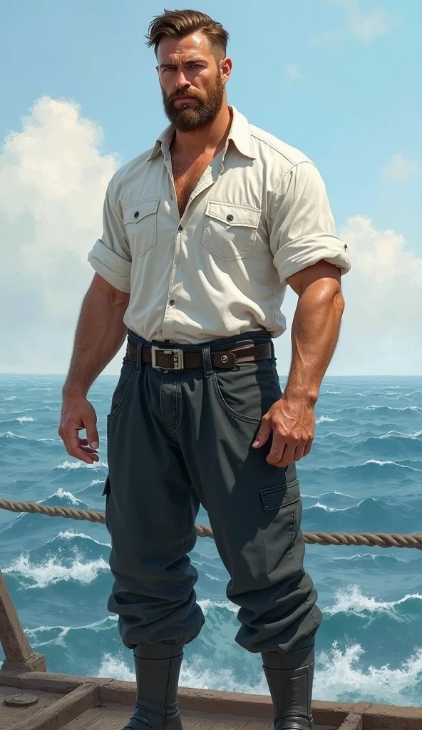 An illustrated movie poster, hand-drawn, full color, a solider, male, 28 years-old, wearing an open shirt and tactical pants, resembles Gavin Leatherwood, sun-tanned skin, chubby face, average height, body of a powerlifter, soft belly, deep brown eyes, wide bulbous nose, black hair, curly hair, thick bushy eyebrows, extremely hairy chest, stomach, and arms, lots of body hair, posing on a foggy beach, hard shadows, graphite shading, stencil markings, airbrushed acrylic paint, masterpiece, in the style of Skyrim
