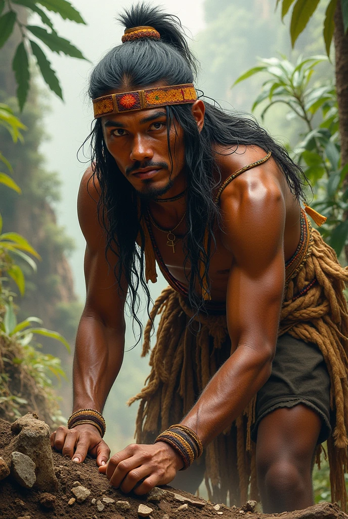 An Alifuru tribe man wearing a red cloth headband, memegangi parang dan salawaku has orang Maluku 