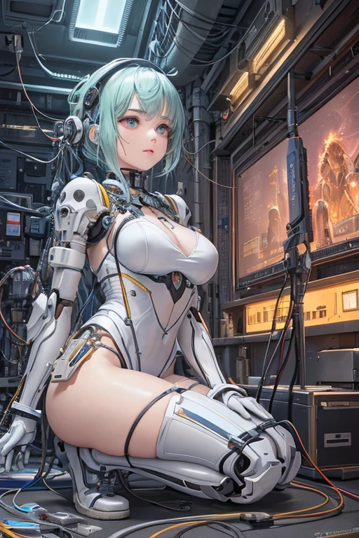 (quality)), ((masterpiece)), Recommended results、Puffy nipples、(see through:1.5)、straighten your back、abdominal muscles、huge bust、angle to floor:1.2、low camera angle、Hair loss on crotch,Hatsune Miku,Super detailed)), (Highly detailed CG illustrations), ((extremely delicate and beautiful)),(1Mechanical Girl)),alone,whole body,(Machine made joints:1.2),((mechanical limbs)),(The blood vessels are connected to the tube),(Mechanical vertebrae attached to the back),((Mechanical cervical spine attached to the neck)),(sitting),Poker face,(wires and cables attaching to neck:1.2),(wires and cables on head:1.2)(Character focus),Science fiction,Extremely detailed,rich and colorful,most detailed