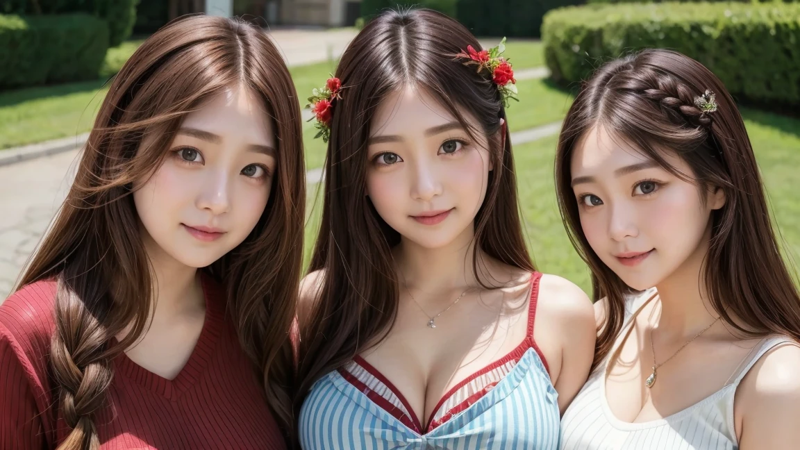 ( 3 girls),smile、Look into the camera、necklace、Braided hair, red strapless dress、The material is smooth and flexible.、exposed upper arms、Blue-green striped knee-length socks Extra long twin tail hair、close range shooting、Flower Hair Ornaments、Blindfold、Garter、 Masterpiece, Highest quality, 8ก, beautiful girl, young face、 photography, Cute face, thigh,in the stream,、รอยsmile、small waist, blue eyes(((The chest is erect.)))(((round chest)))(((big breasts:1.0)))