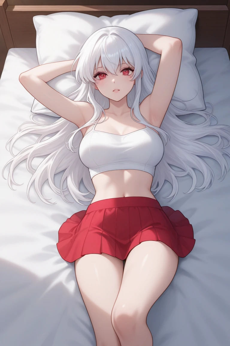 yamato, white hair, red eyes, crop top, lying down, arms above head, (midriff), jeans shorts, (armpits), cleavage, teasing, lsrge breasts, underboob