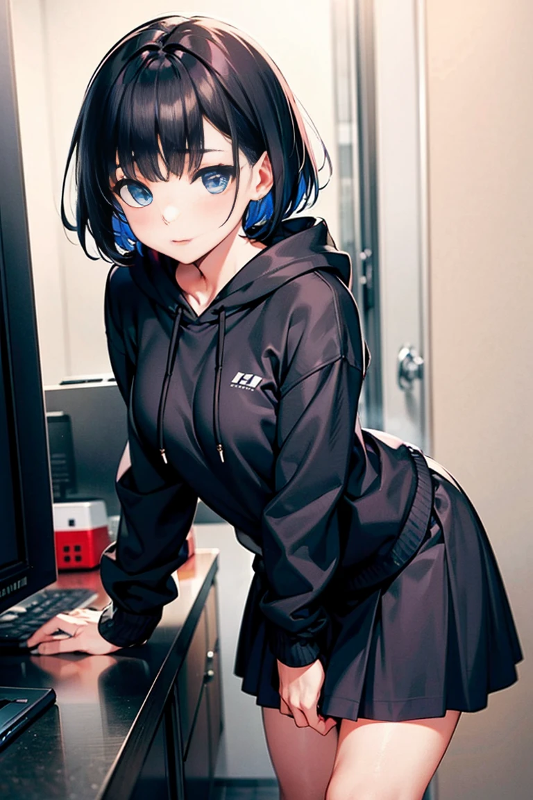 (best quality,4k,8k,highres,masterpiece:1.2),ultra-detailed,(realistic,photorealistic,photo-realistic:1.37),HDR,UHD,studio lighting,ultra-fine painting,sharp focus,physically-based rendering,extreme detail description,professional,vivid colors,bokeh, portraits
Inside the room, gaming room, gaming pc, one 18-aged girl, black short hair colored inner blue hair, sitting on the chair, hugging her legs,grin, smile, mouth-mask,cyberpunk fashion, hoodie, shorts, race-up-long-boots, vivid colors, studio lighting, ultra-detailed portraits.