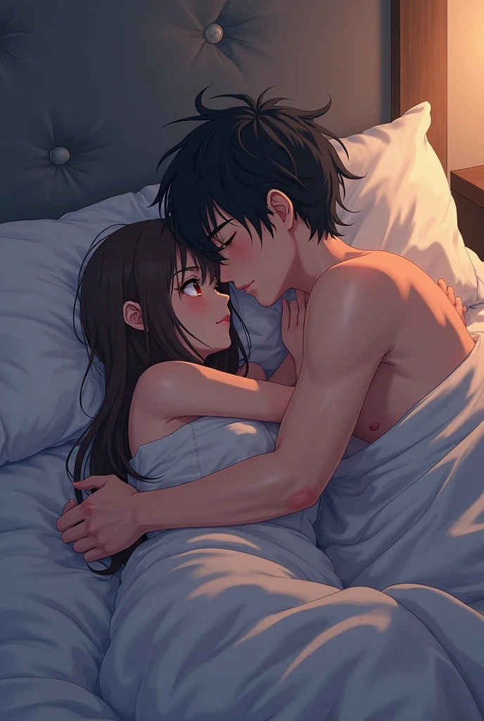 anime style depiction of a dark tan skinned 20-year-old girl clad in a bikini top and skirt, snuggled closely with a white handsome boy wearing a t-shirt, boy comforting girl's tummy, while sleeping in bed