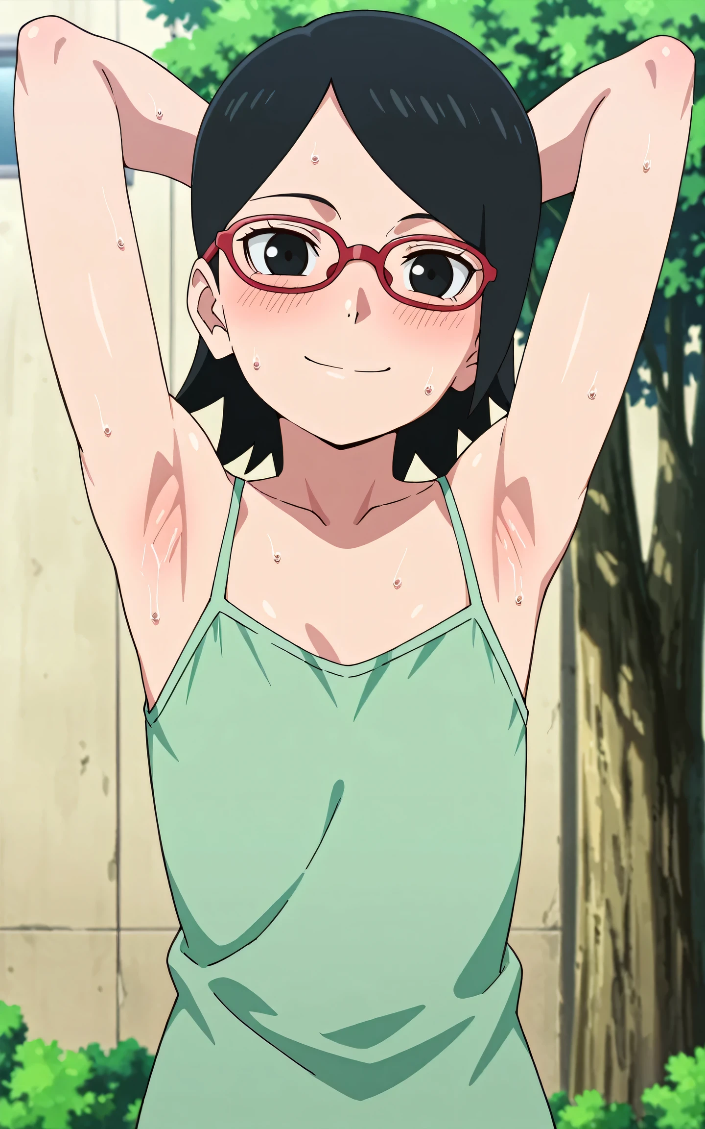 masterpiece, best quality, amazing quality, anime screencap, anime coloring, 1girl, solo, sarada, black eyes, black hair, short hair, glasses, green tank top, spaghetti straps, (sweaty:0.6), flat chest, bare shoulders, bare arms, arms behind head, armpits, armpits focus, head towards viewer, looking at viewer, direct eye contact, smile, blush, closed mouth, outdoors, day