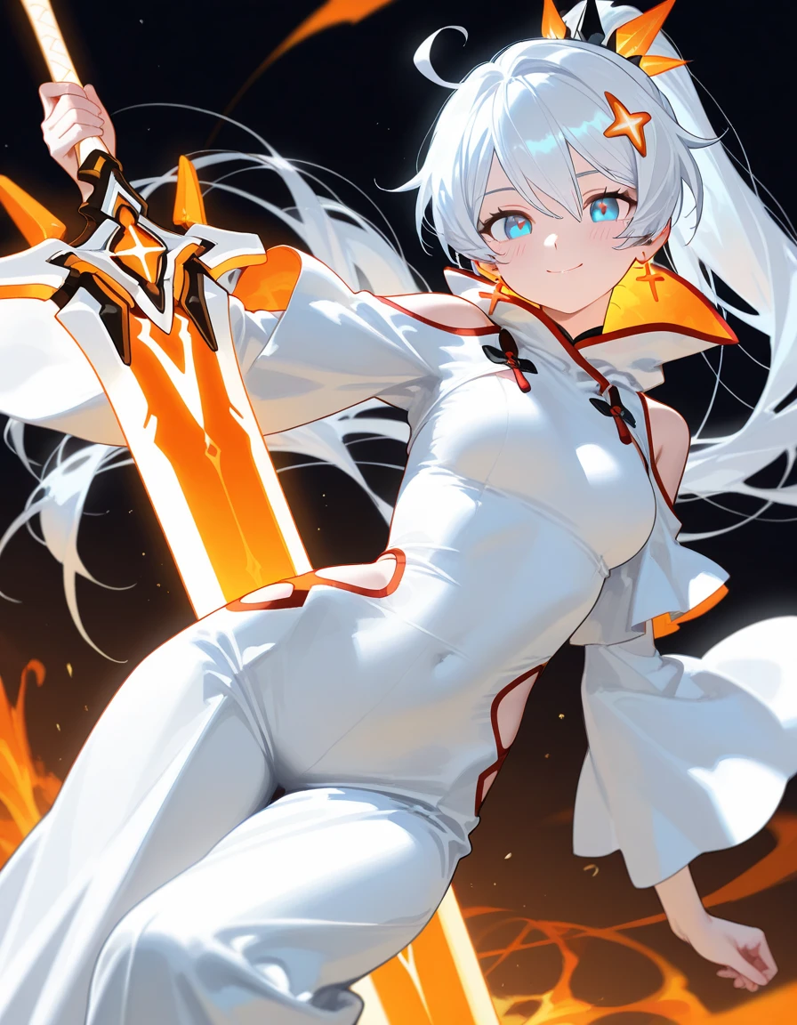 1 demon girl, 10 year old loli, solo, cute smile, long white hair, pale skin, medium breasts, cute panties, dark sweater, white thighhighs, red rough texture horns, yellow eyes, fantasy, dramatic lighting, hell scenery, blushing, best quality, masterpiece, sexy pose