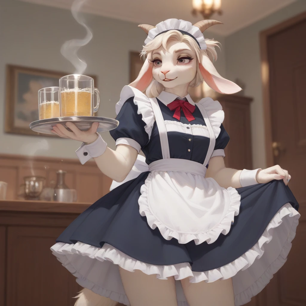 zorra furry, naked, White fur, showing the anus, showing the butt, ((Clothes: apron or apron)), at a StarBucks store