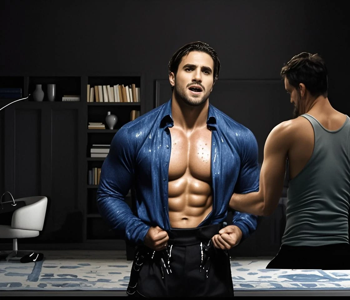 A sexy, muscular, hairy, bearded, strong Iranian man in white underwear having his thigh examined by a male doctor in front of an audience of women and a cameraman on the stage of a famous health program on TV.