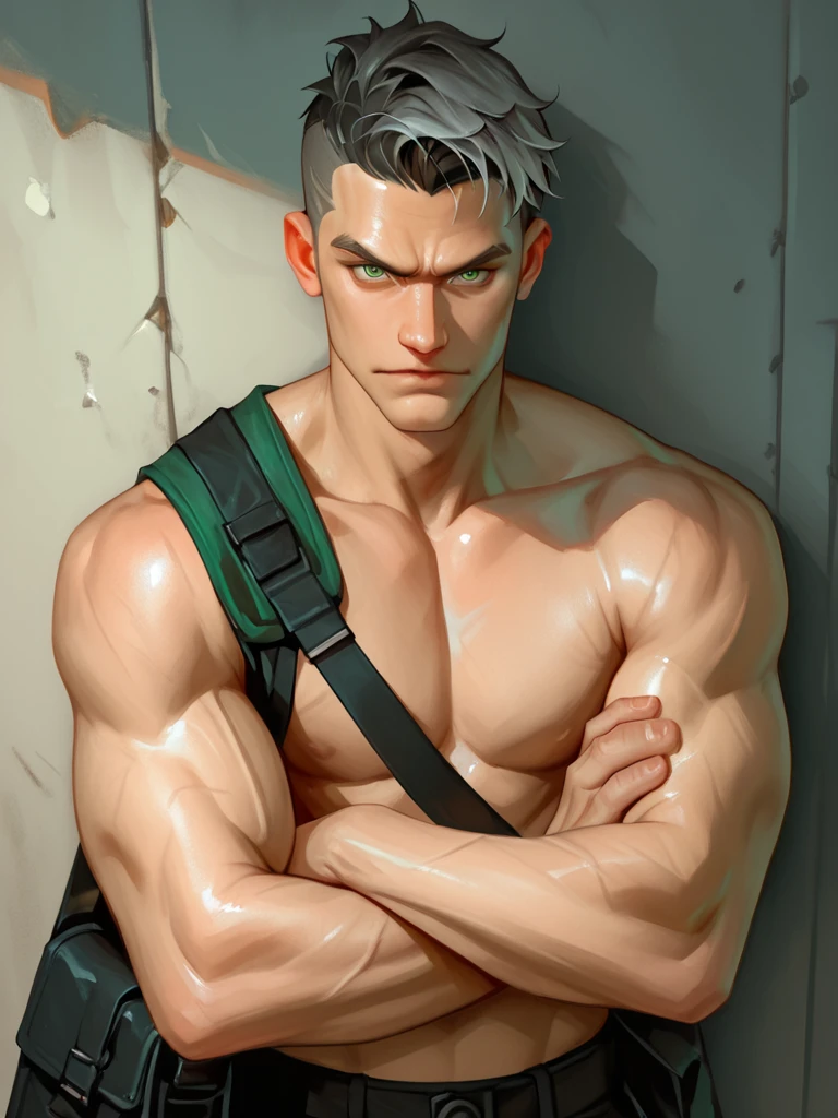 Tall Man, Delgado, strong and with well defined muscles, dark hair, very light skin with few tattoos, rough but sensual face, He wears an army soldier's uniform and no shirt.