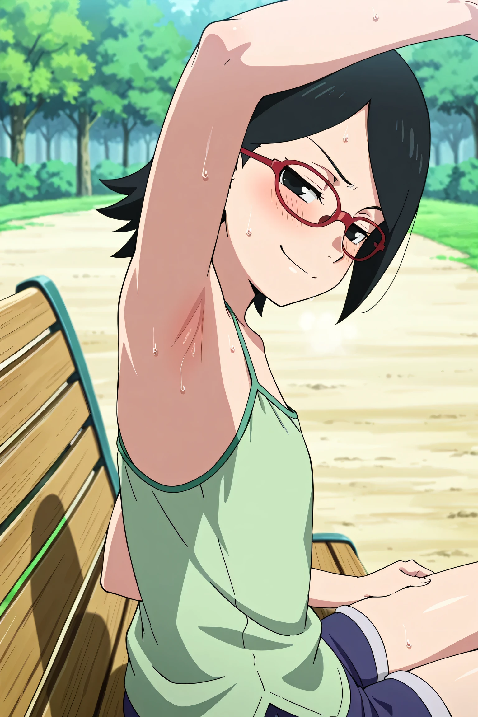 masterpiece, best quality, amazing quality, anime screencap, anime coloring, 1girl, solo, sarada, black eyes, black hair, short hair, glasses, green tank top, spaghetti straps, (sweaty:0.6), flat chest, bare shoulders, bare arms, arm up, raised arm, armpit, armpit focus, head towards viewer, looking at viewer, direct eye contact, smile, smug, half-closed eyes, blush, closed mouth, outdoors, day, from side, from behind, sitting on a bench, short shorts